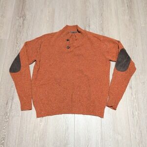 Peter Millar Men L Orange Merino Wool Blend Mock Neck Henley Sweater Elbow Patch